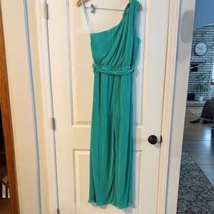She + Sky One Shoulder Teal Pleated Jumpsuit Medium NWT